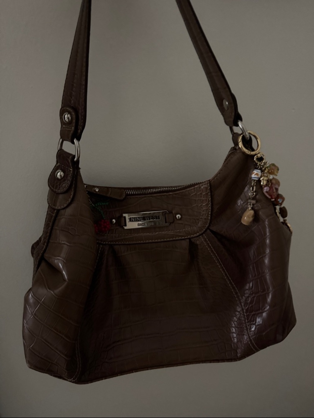 Nine West Dark Brown Croc-Embossed Shoulder Bag with Charm